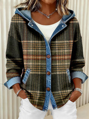 Women's Vintage Plaid Pattern Patchwork Art Hooded Cardigan