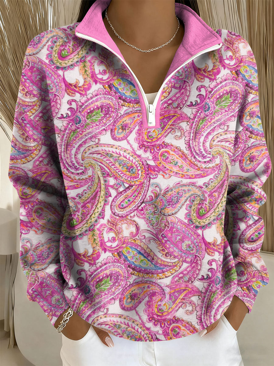Women's Breast Cancer Awareness Paisley Print Zip-Up Top