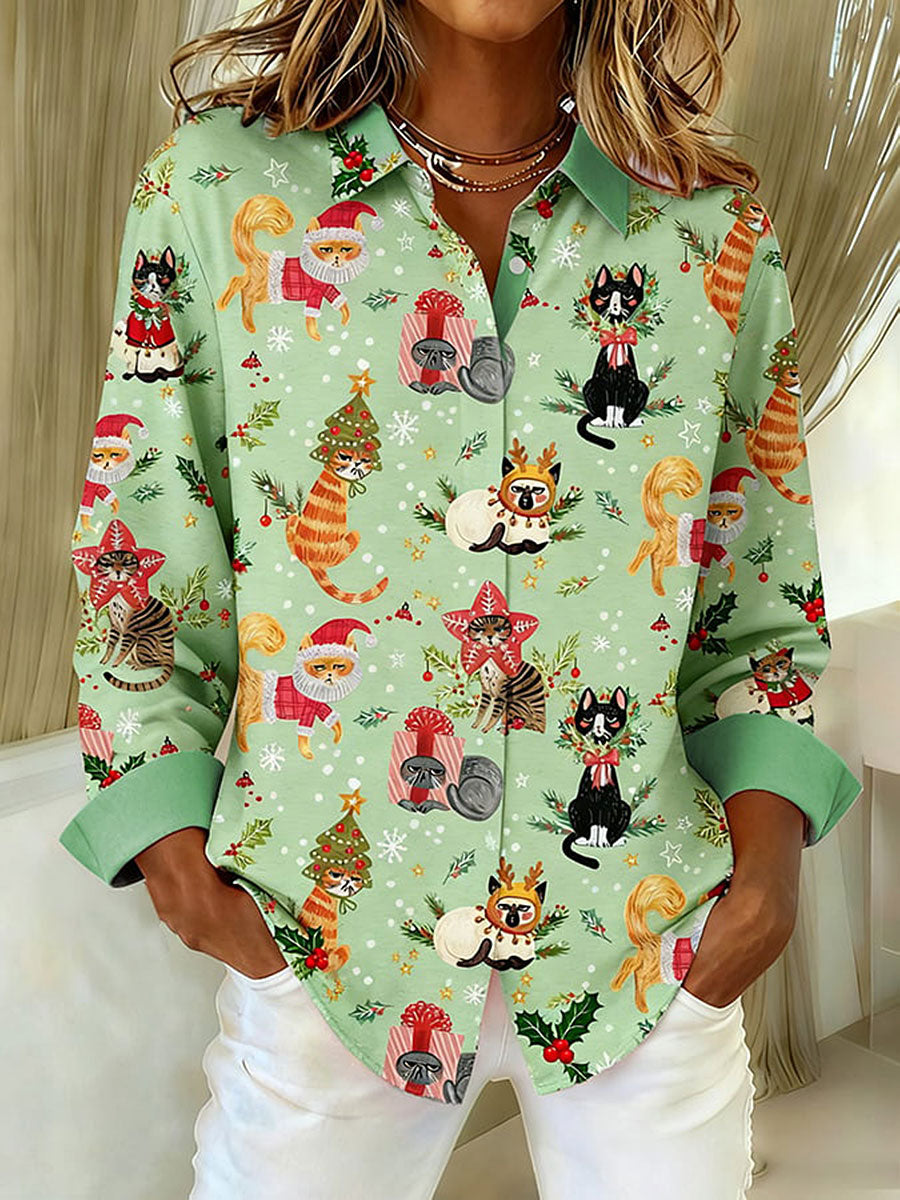 Women's Christmas Cats Print Shirts