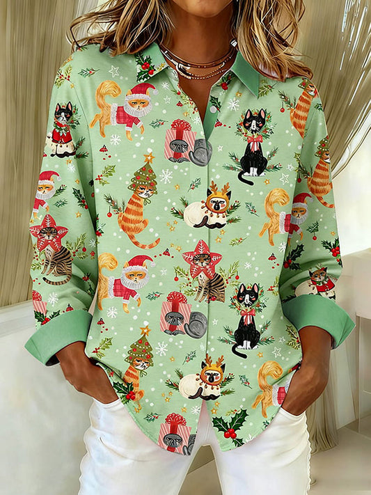 Women's Christmas Cats Print Shirts