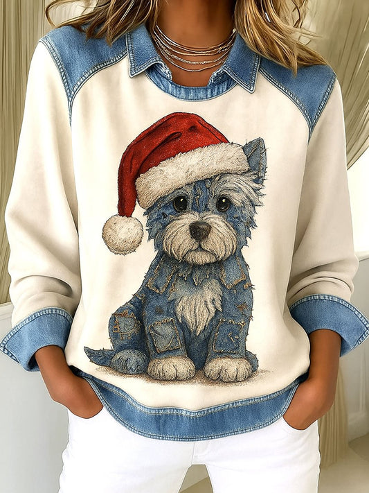 Women's Christmas Dog Art Print Patchwork Casual Sweatshirt