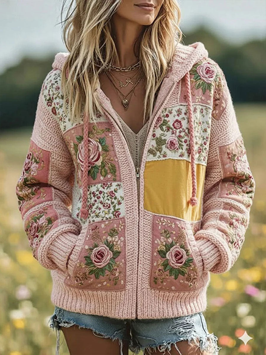 Women's Pink Floral Print Casual Zip-Up Jacket