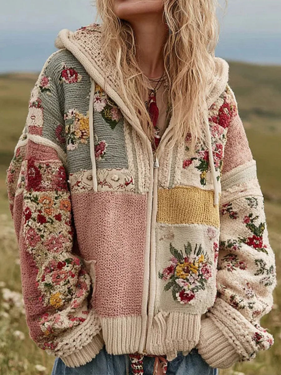 Women's Pink Floral Print Casual Zip-Up Jacket