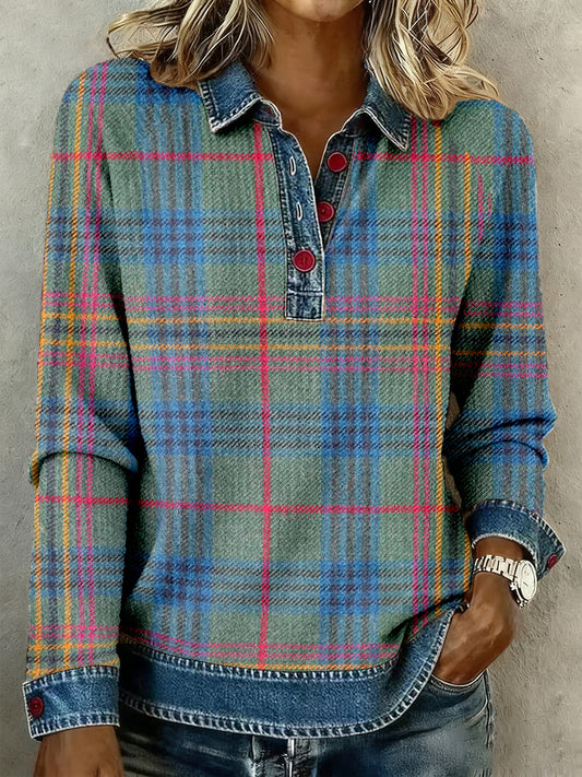 Women's Vintage Plaid Pattern Patchwork Art Waffle Top