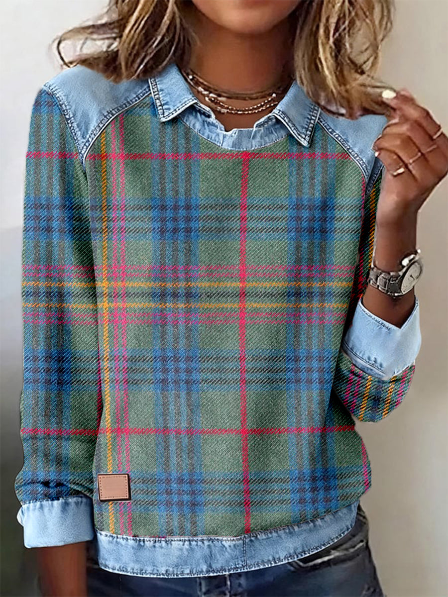 Women's Vintage Plaid Pattern Patchwork Art Sweatshirt