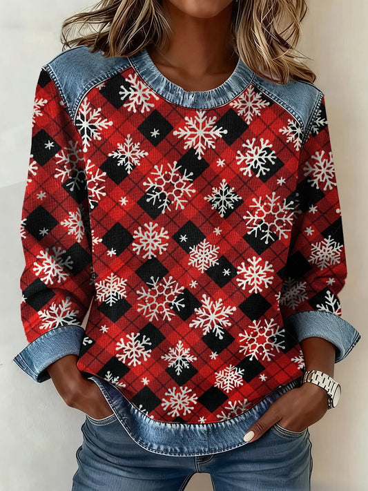 Women's Christmas Plaid Denim Collar Sweatshirt