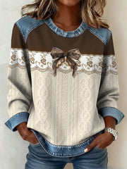 Women's textured bow denim collar sweatshirt