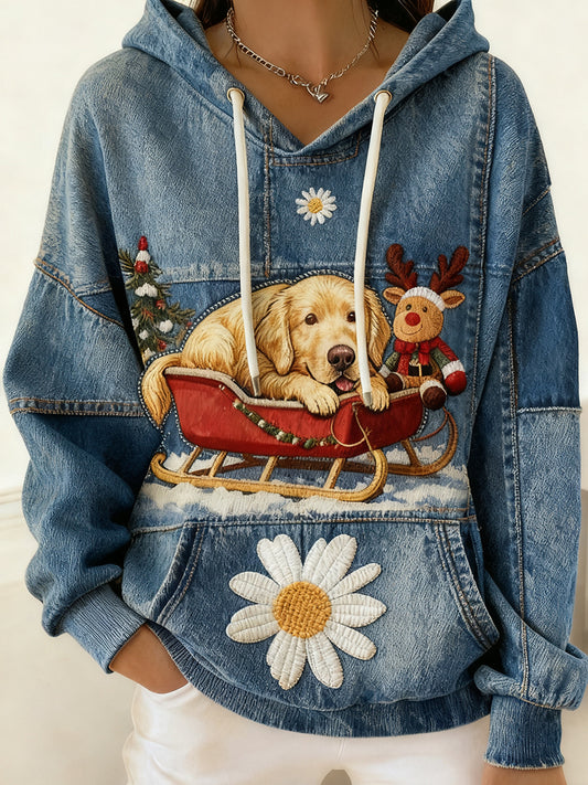 Women's Vintage Dog Art Print Casual Hoodie