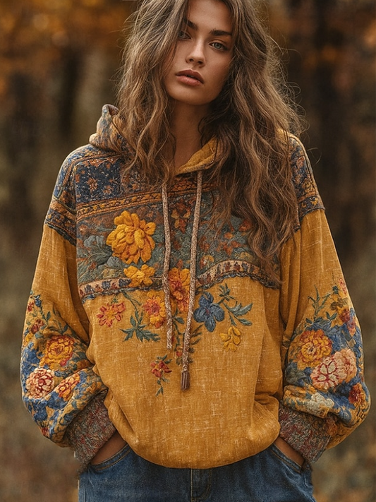Women's Bohemian floral print Drawstring Hoodie