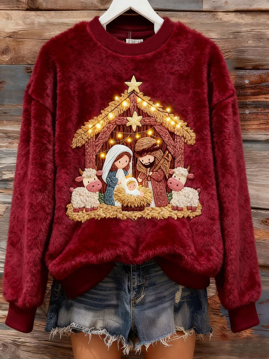 Women's Winter Flannel Nativity Print Crew Neck Top