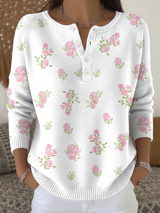 Women's Breast Cancer Pink Flowers Print Knit Top