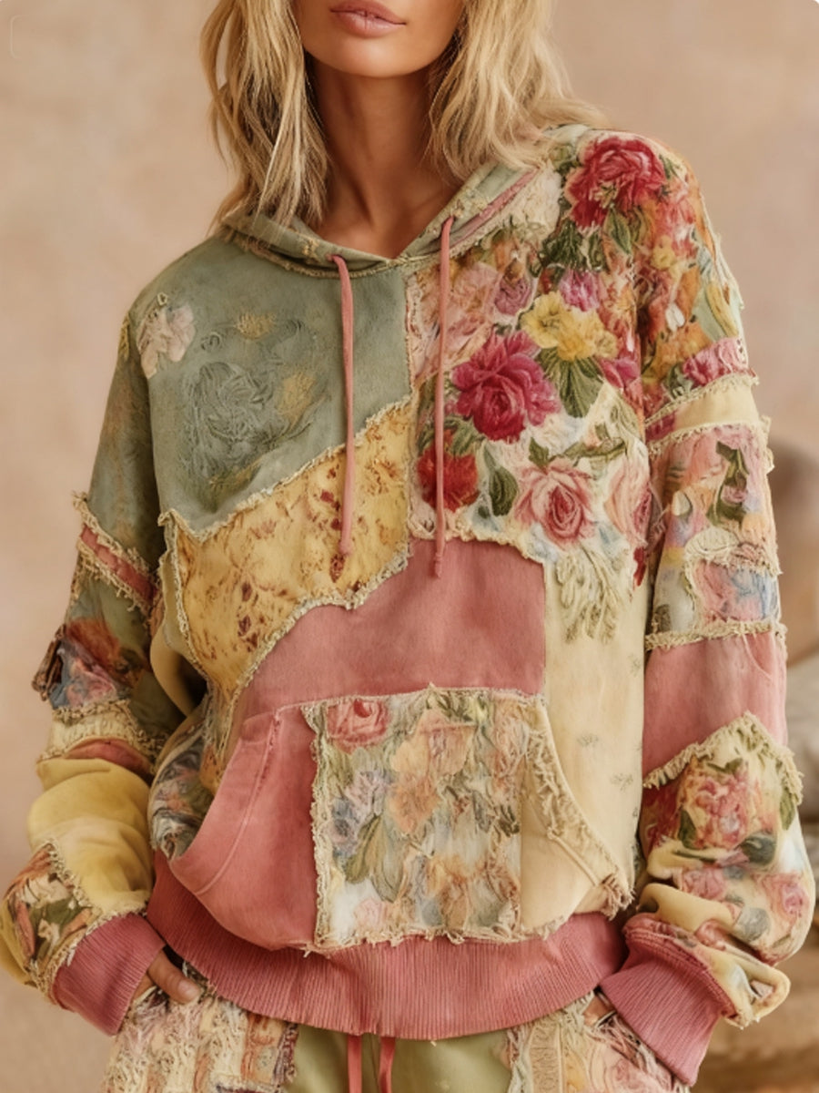 Women's Breast Cancer Awareness Floral Hooded Patchwork Sweatshirt