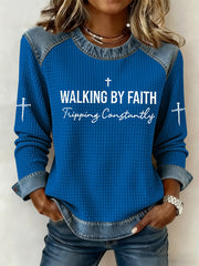 Women's Walking by Faith Tripping Constantly Cross Waffle Sweatshirt