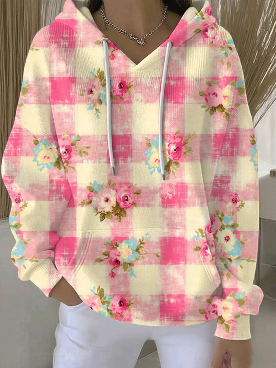 Women's Breast Cancer Pink Flowers Print Casual Hoodie