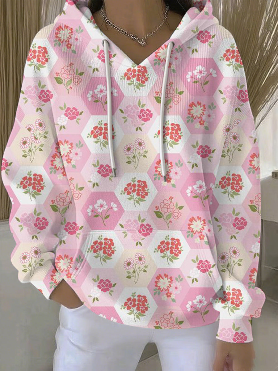 Women's Breast Cancer Pink Flowers Print Casual Hoodie