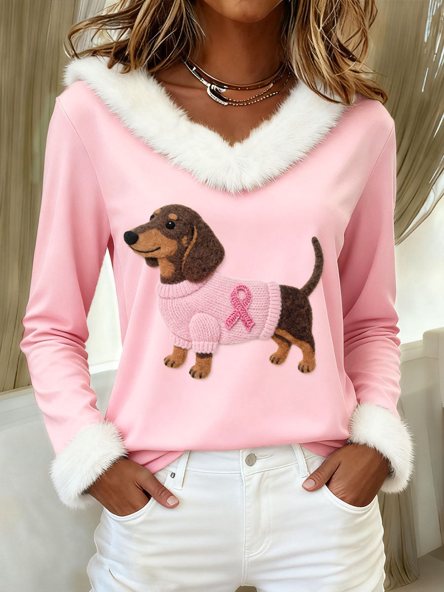 Women's Felt Art Dachshund Pattern Furry Sweatshirt