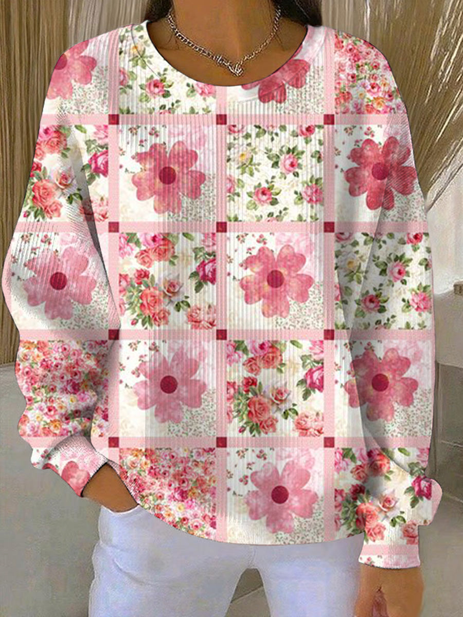 Women's Breast Cancer Pink Flowers Print Casual Sweatshirt