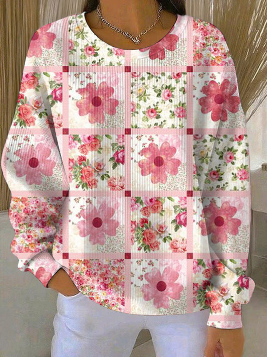 Women's Breast Cancer Pink Flowers Print Casual Sweatshirt
