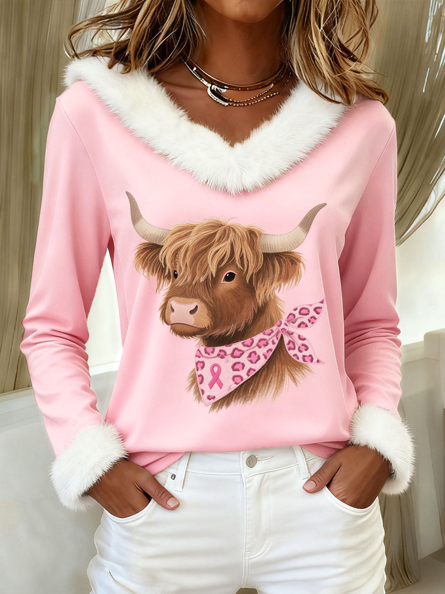 Women's Cute Highland Cow Embroidered Furry Sweatshirt
