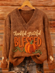 Women's Thanksgiving Day Thankful Grateful Blessed Pumpkin Art Print Top