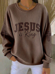 Women's  Jesus Is King Print Ribbed Round-Neck Sweatshirt