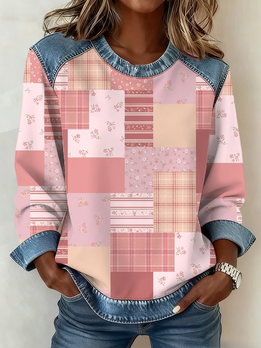 Women's Pink plaid print Denim patchwork Sweatshirt