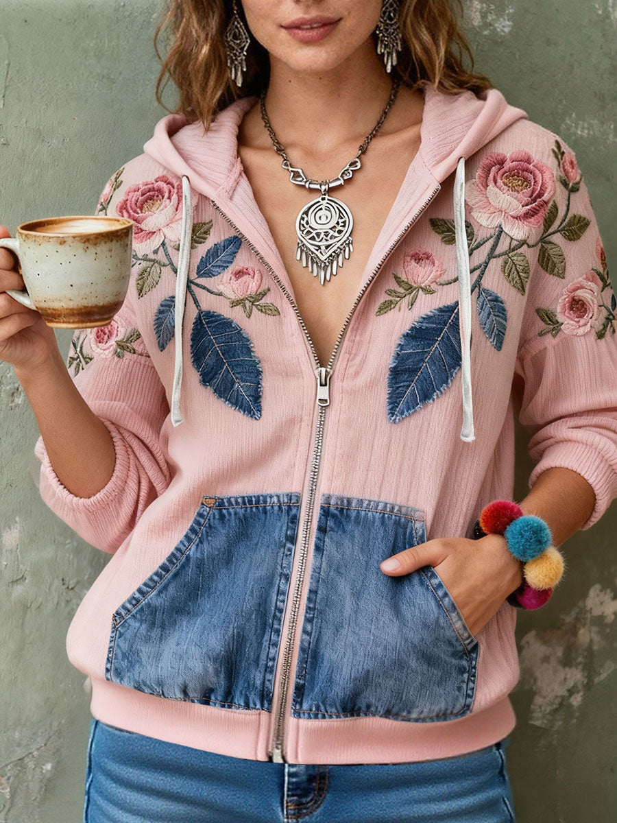 Women's Breast Cancer Awareness Floral Printed Zip-Up Coat