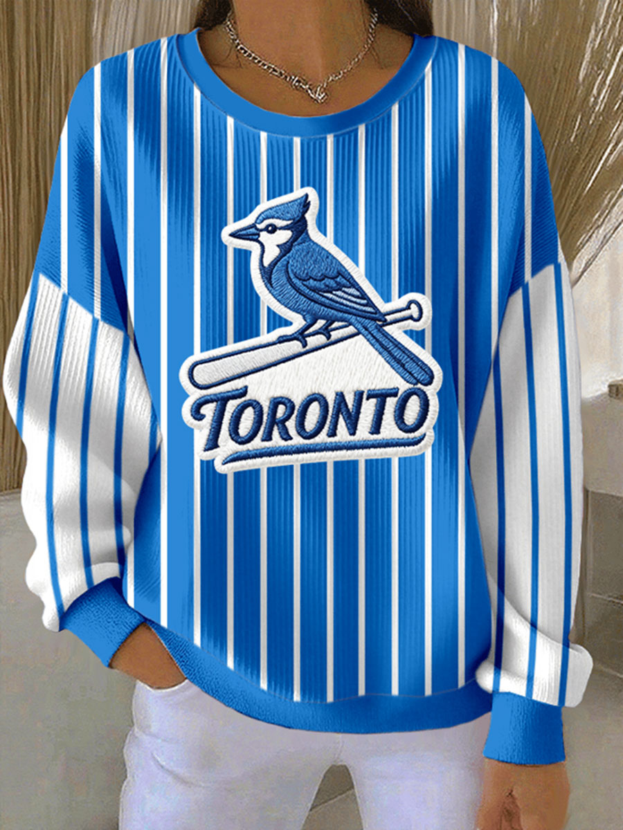 Women's Baseball Ribbed Round-Neck Sweatshirt