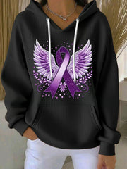 Women's Purple Ribbon Print Casual  Hoodie