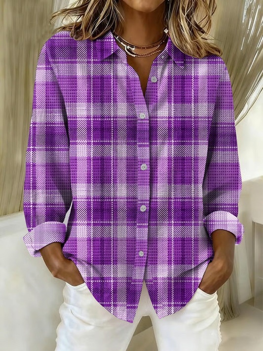 Women'S Casual Purple Plaid Print Shirt