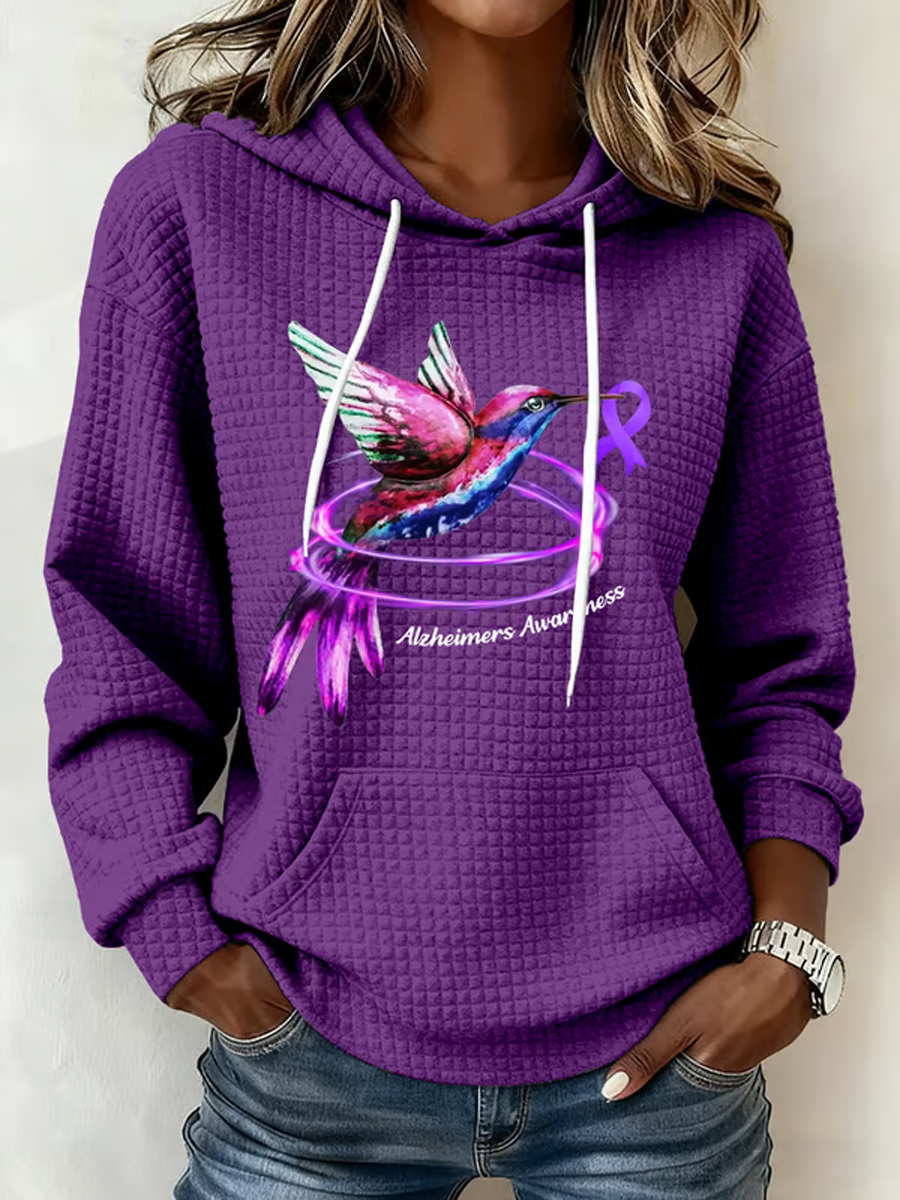 Women's Alzheimer's Hummingbird Art Print Gingham Fabric Hooded Sweatshirt
