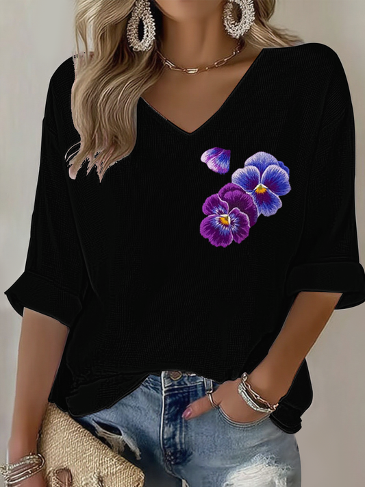 Women's  Purple flowers Art Design Print Waffle Long Sleeve T-Shirt