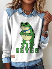 Women's Funny 67 Six Seven Portland Frog Printed  Casual Long Sleeve Top