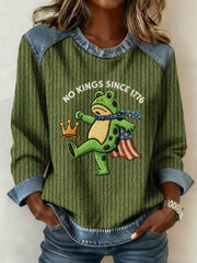 Women's NO KINGS SINCE 1776 Portland Frog Embroidered Print Denim Panel Sweatshirt