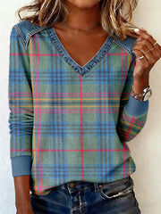 Women's Vintage Plaid Pattern Patchwork Art V-Neck Top