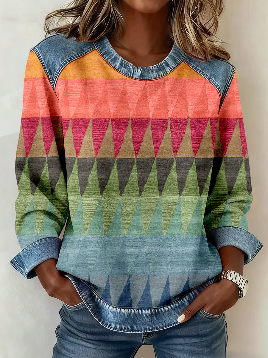 Women's Vintage Geometric Pattern Patchwork Art Sweatshirt
