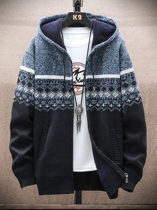 Men's Icelandic Sweater Zip-Up Knitted Hooded Jacket