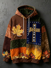 Men's Retro Casual Faith Cross Art Print Oversized Drop-Shoulder Pockets Hoodie