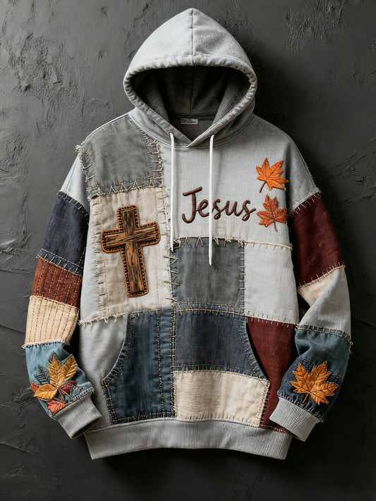 Men's Retro Casual Faith Cross Art Print Oversized Drop-Shoulder Pockets Hoodie
