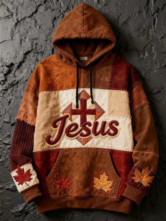 Men's Retro Casual Faith Cross Art Print Oversized Drop-Shoulder Pockets Hoodie