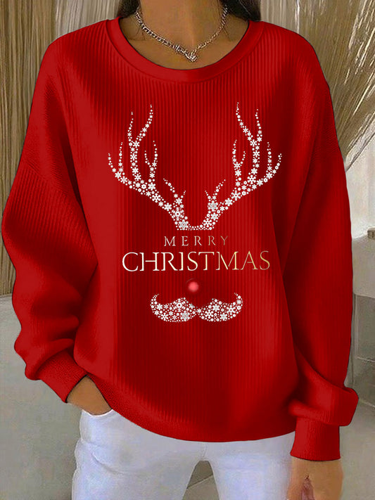 Women's Merry Christmas print Ribbed Round-Neck Sweatshirt