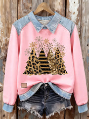 Women's Leopard Christmas Tree Printed  Long Sleeve Shirt