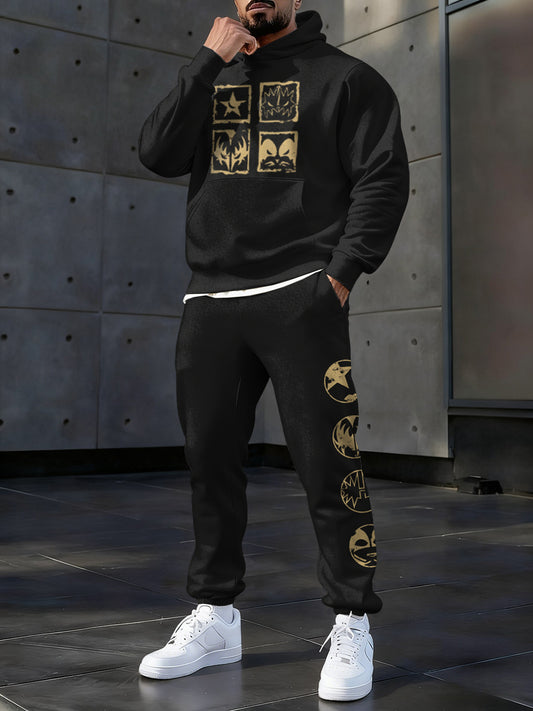 Mne's Rock Band Print Casual Sweatshirt And Pants Sets