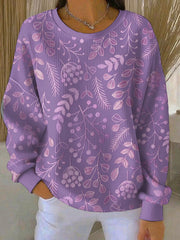 Women's Casual Purple Floral Ribbed Round-Neck Sweatshirt