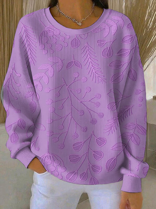 Women's Casual Purple Floral Ribbed Round-Neck Sweatshirt