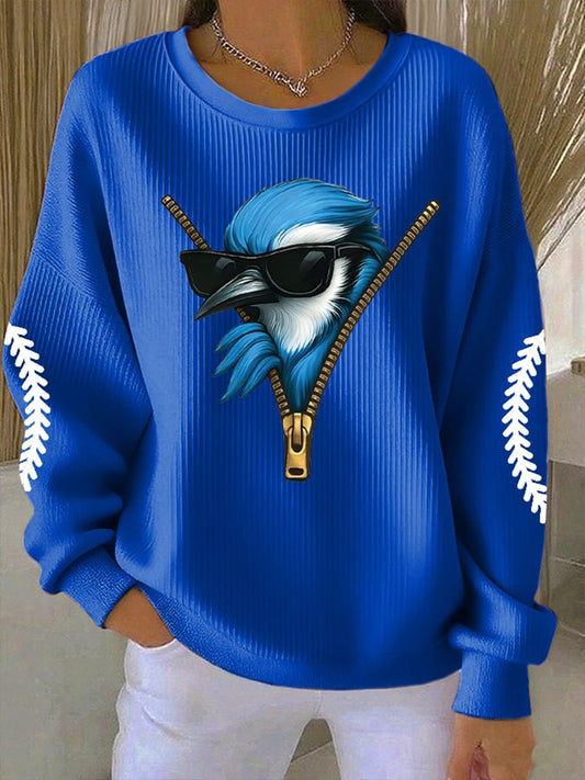 Women's Baseball Blue Bird Ribbed Round-Neck Sweatshirt
