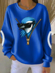 Women's Baseball Blue Bird Ribbed Round-Neck Sweatshirt