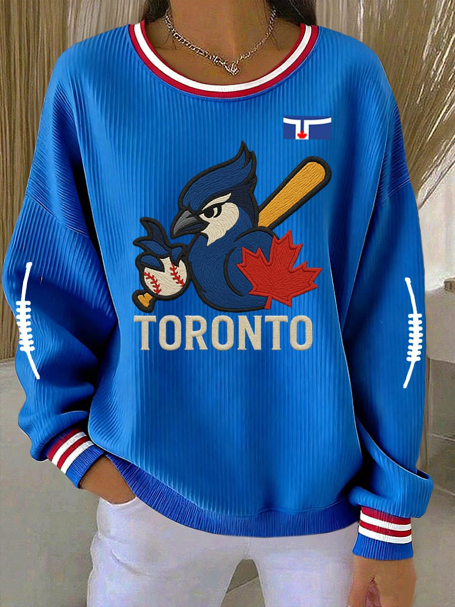 Women's Baseball Ribbed Round-Neck Sweatshirt