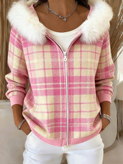 Women's Pink Plaid Pattern Cozy Furry Cardigan