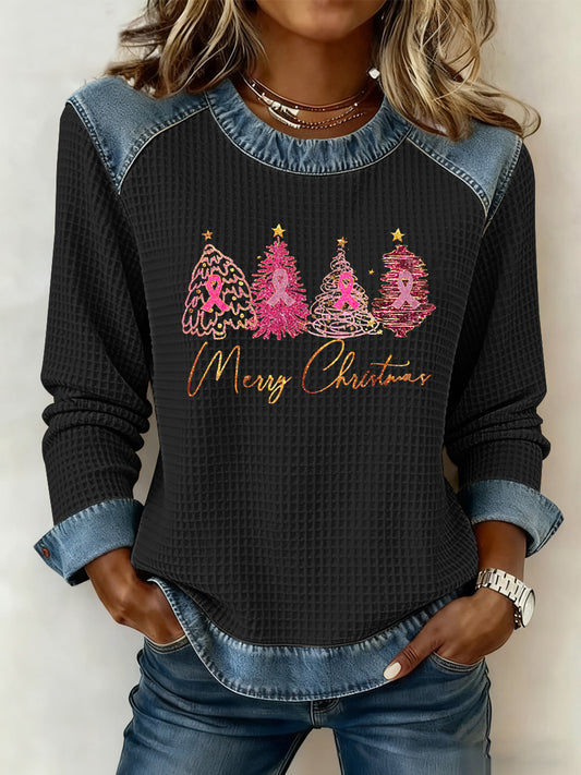 Women's Breast Cancer Awareness Merry Christmas Christmas Tree Print Casual Top